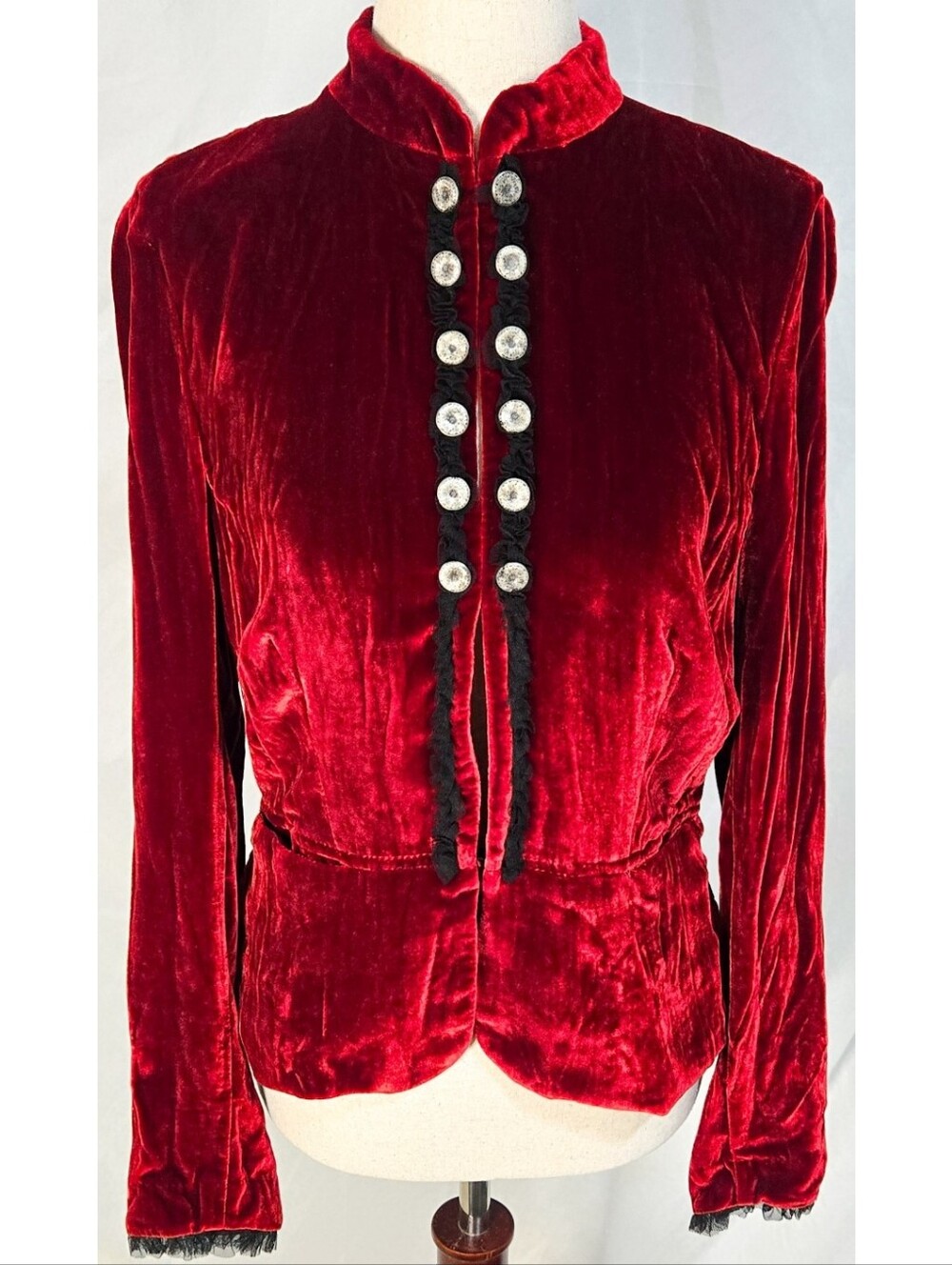 Vintage Gothic Victorian Velvet Top Shirt Red Black Button Front Vampire Y2K 90s